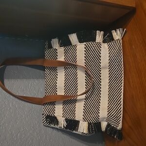 Sole Society Woven Look Fringe Black and White Striped Tote Bag with Tan Handles